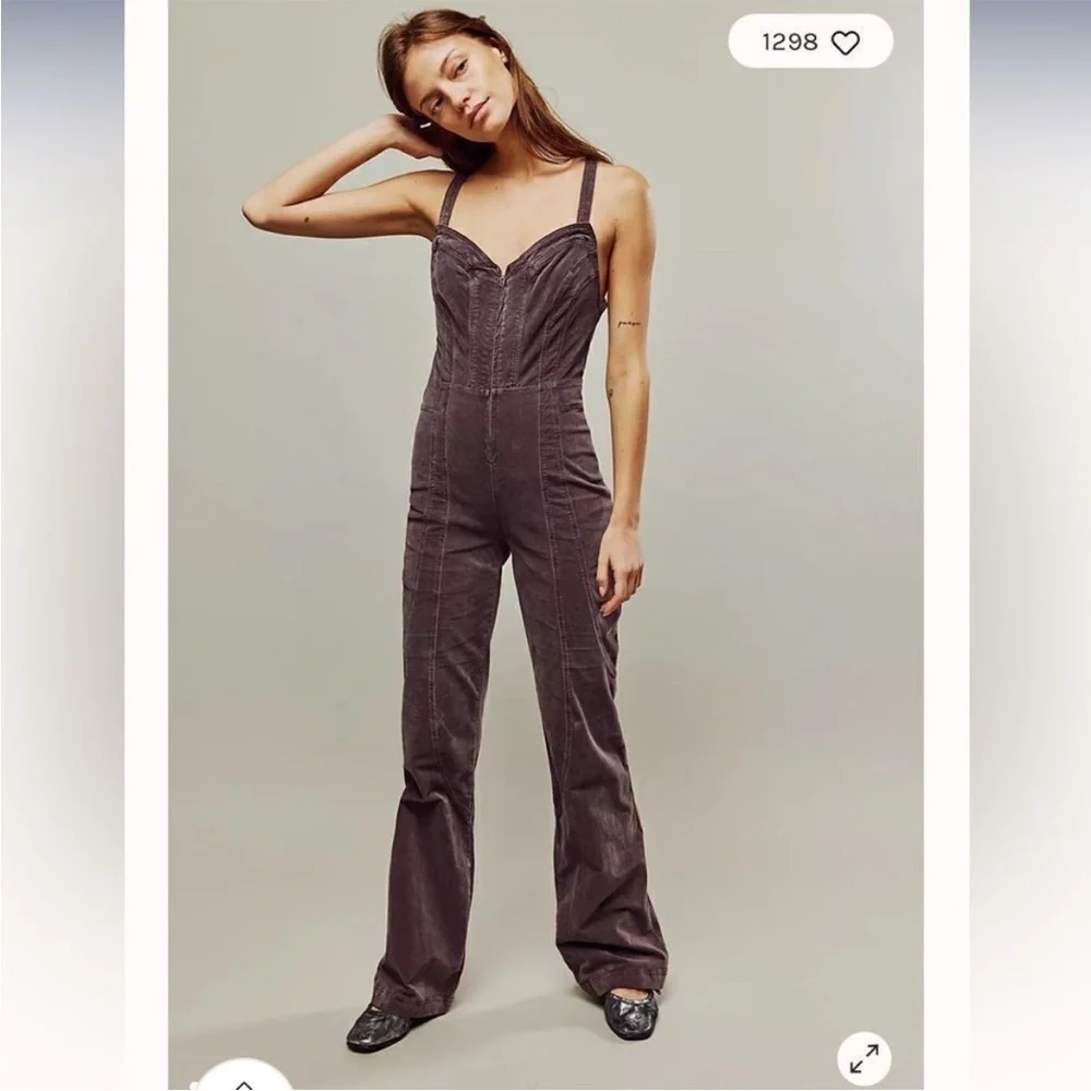 Free People How Low One-Piece Purple Velvet Overalls Vintage Style Low Back 4